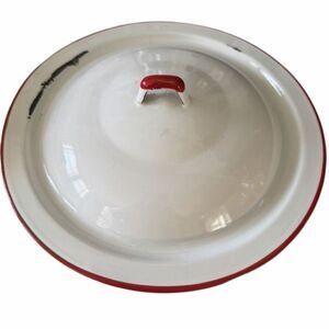 Vintage White Enamelware Replacement Lid 10” Red Trim Edge & Handle Pot Pan